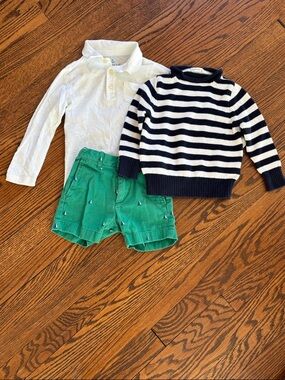 CrewCuts Nautical Stripe Sweater & White Polo Set - Navy, White & Green